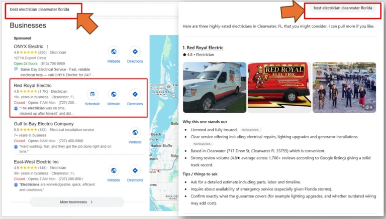 Case Study of an electrician showing up on Google Maps and ChatGPT recommendations.